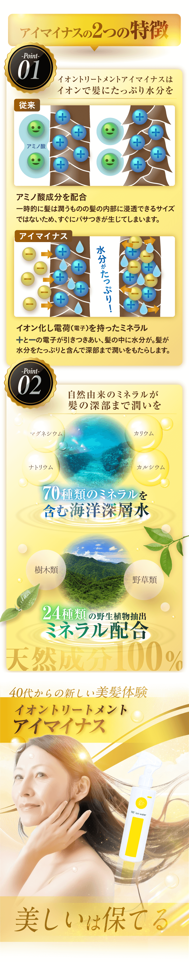 アイマイナスの2つの特徴：イオン化したミネラルが髪に水分をたっぷり補給