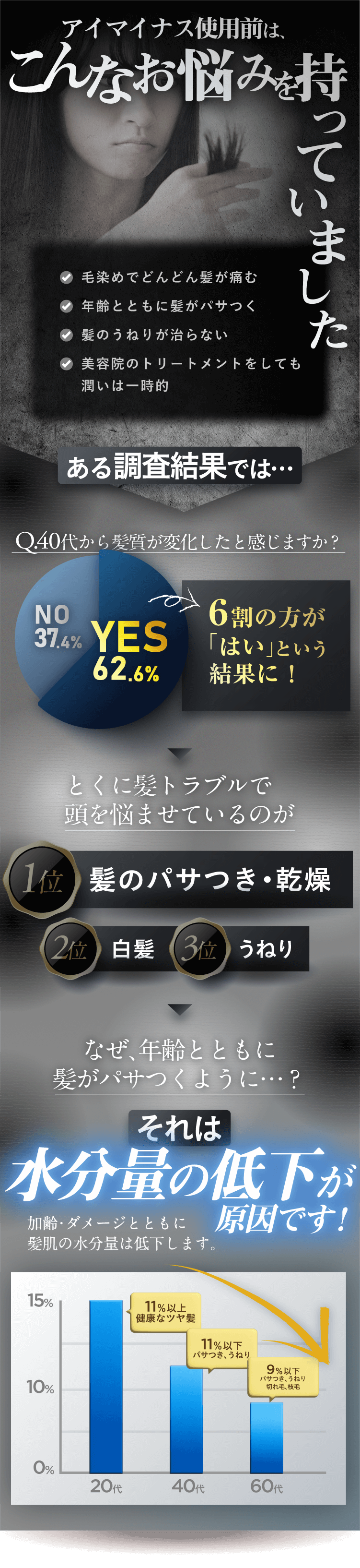 アイマイナス使用前の悩み：パサつき、乾燥、白髪、うねりなど